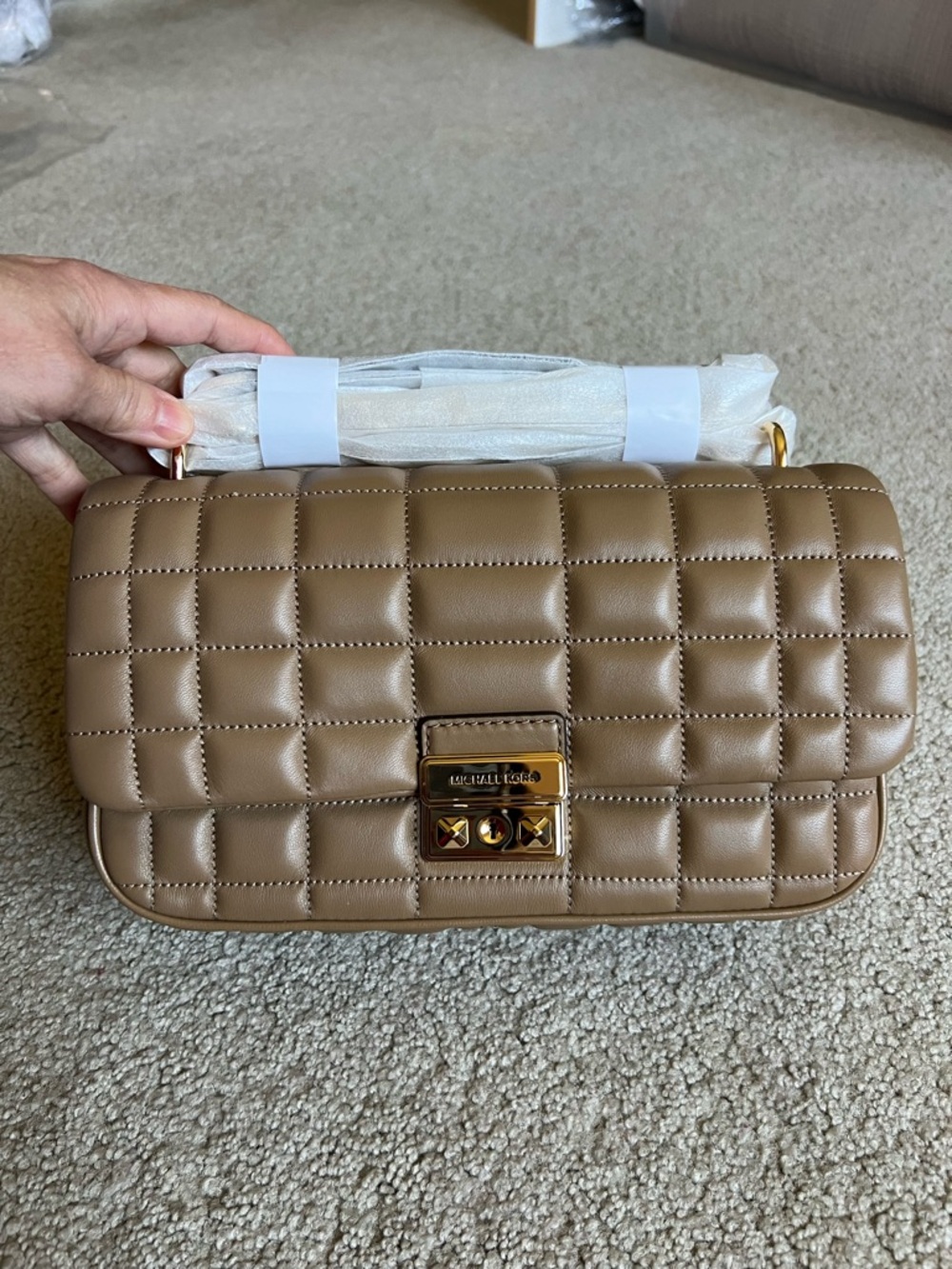 Michael Kors Quilted Crossbody Bag in Taupe Brown with Gold Hardware - Picture 1 of 4